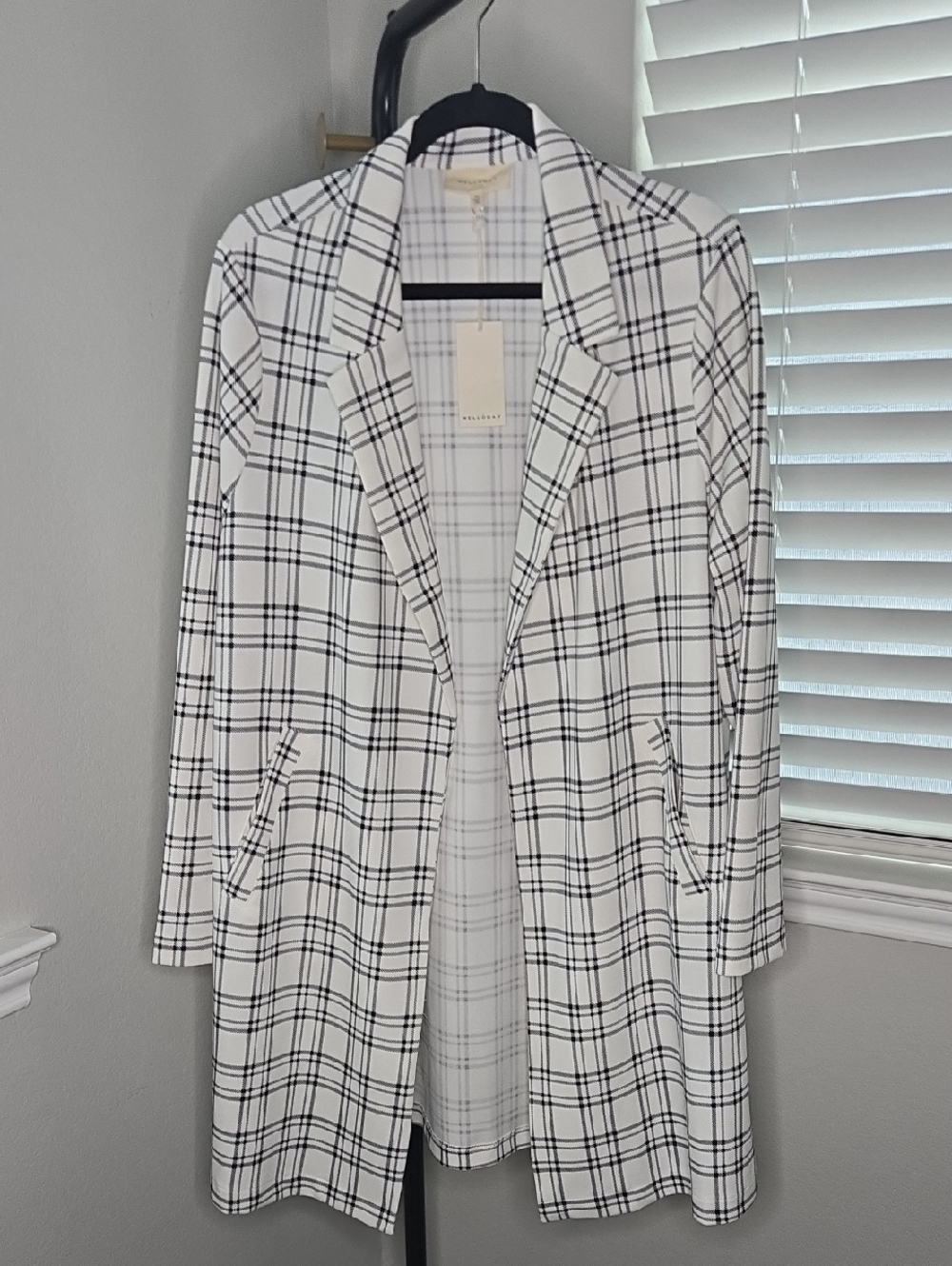 MELLODAY Black & White Plaid Long Blazer